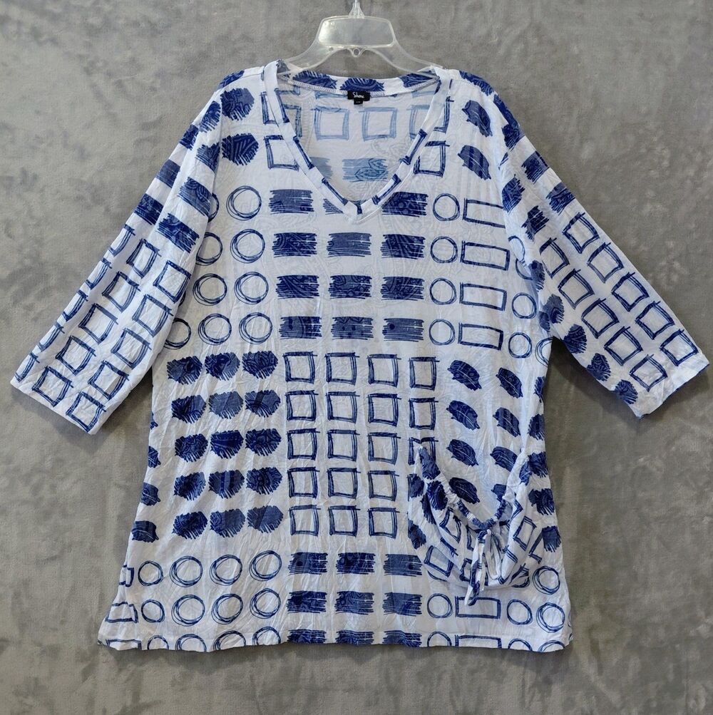 Shana Burnout Geometric Tunic Top Women's Large Blue White Art to Wear Pocket
